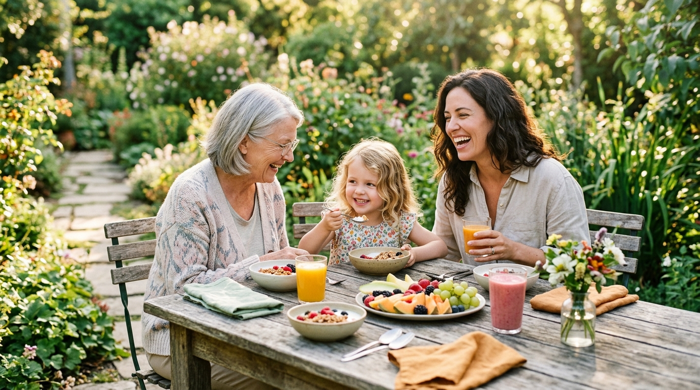 Family enjoying a healthy breakfast together in the garden