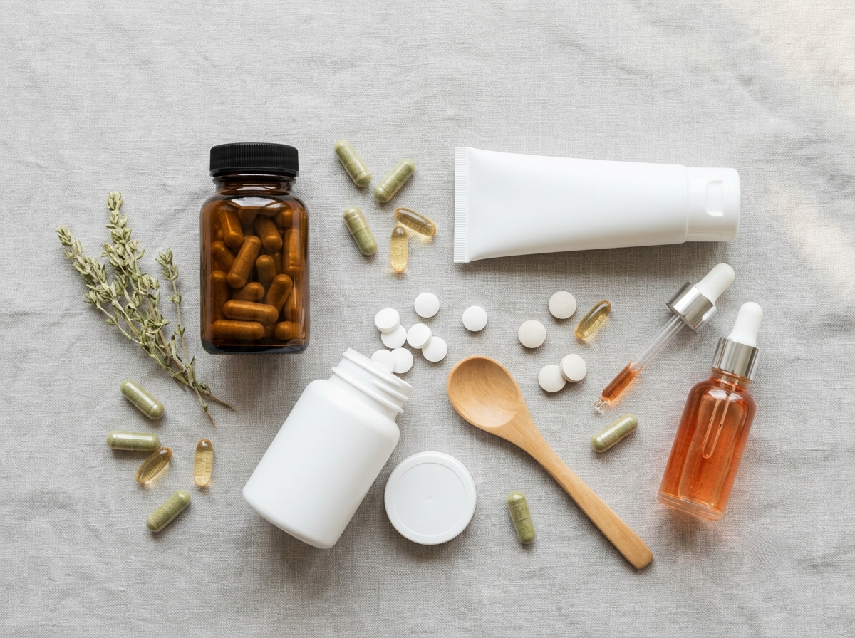 Flat-lay of supplement capsules, tablets, cream and liquid drops
